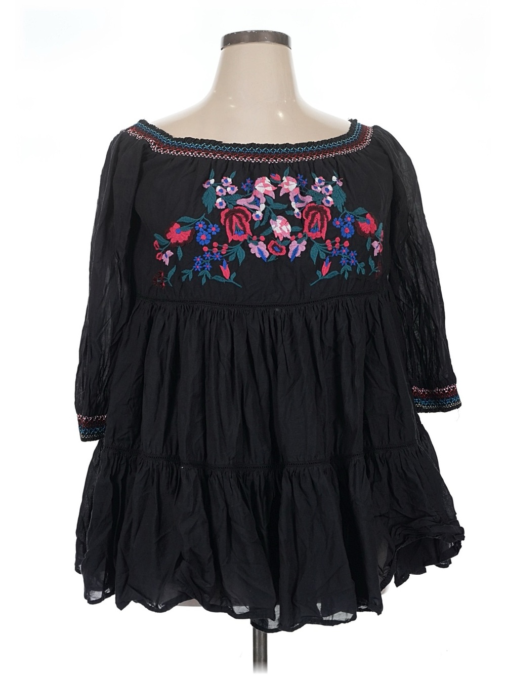 Free People Black Embroidered Floral Peasant Tunic